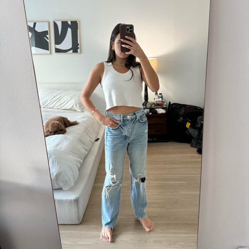 Zara Mid-Rise Straight-Leg Ripped Blue Jeans